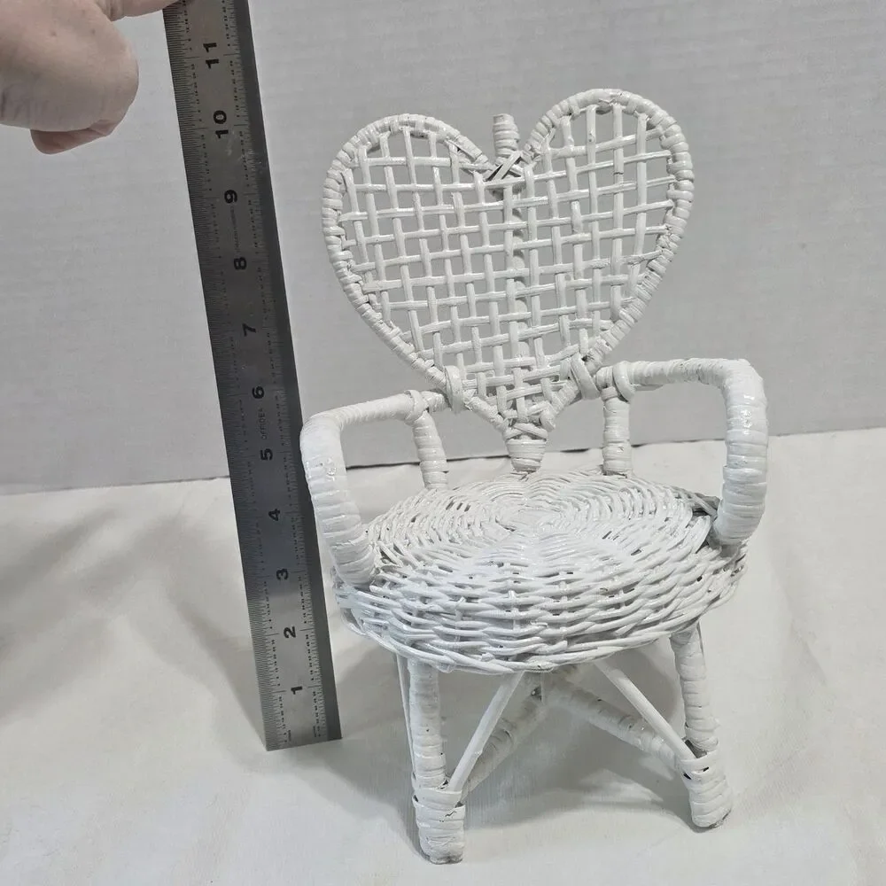 Vintage White Rattan Heart Wicker Doll Chair 10” Heart Shape Furniture